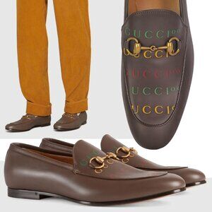 GUCCI SHOES MENS BROWN LEATHER LOAFERS w HORSEBIT 100 PRINT  sz 8 8.5 US